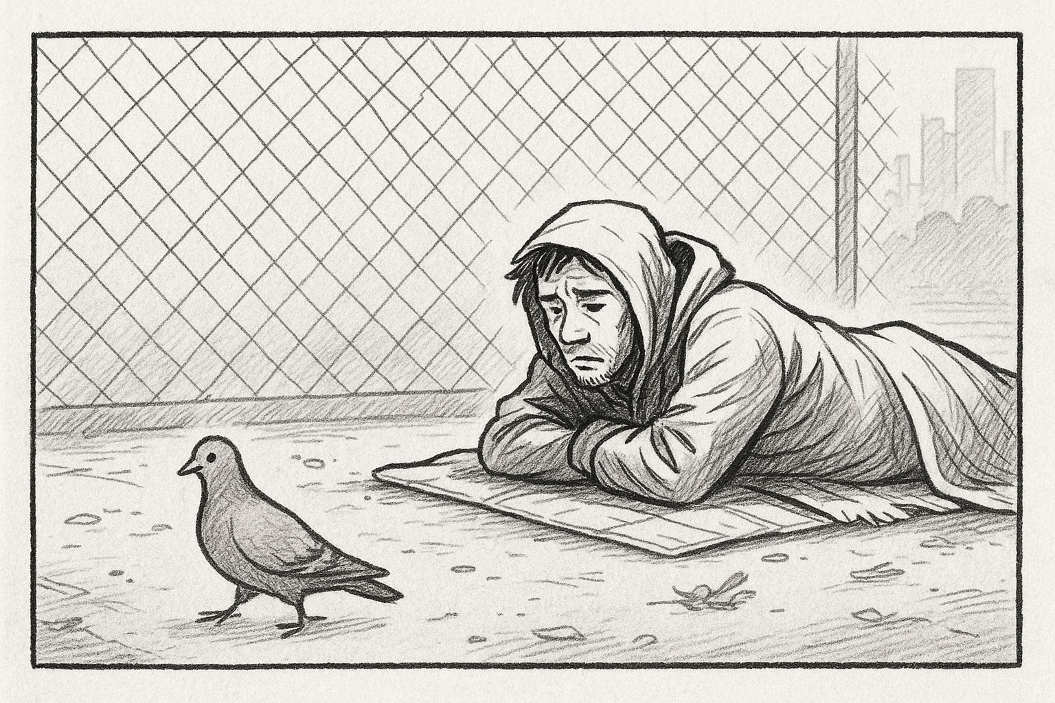 Black-and-white ink sketch of a man behind a chain-link fence with a pigeon nearby