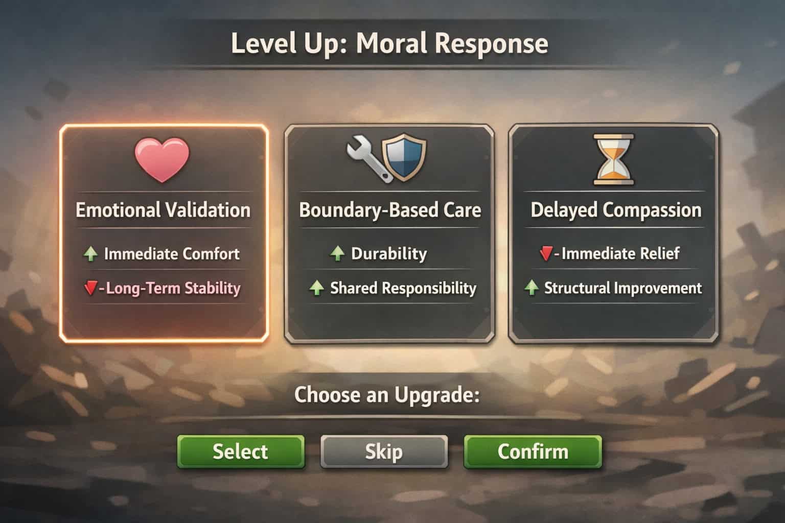 Level up RPG chooses compassion like it's a weapon or armor
