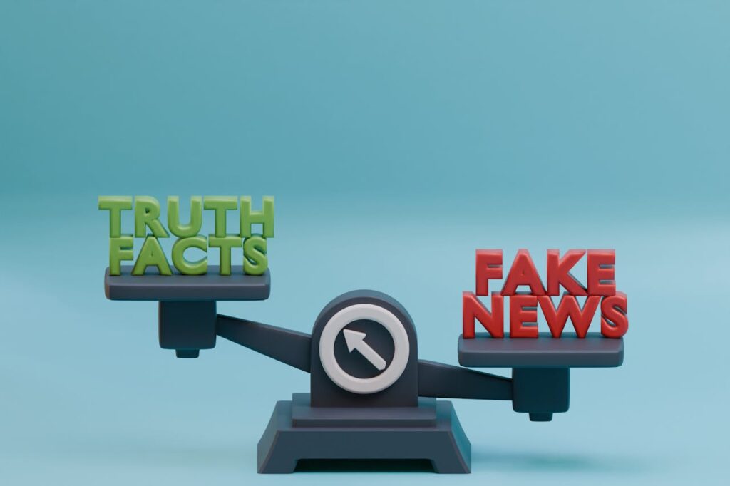 3D illustration of a scale balancing truth and fake news concept against a blue background.